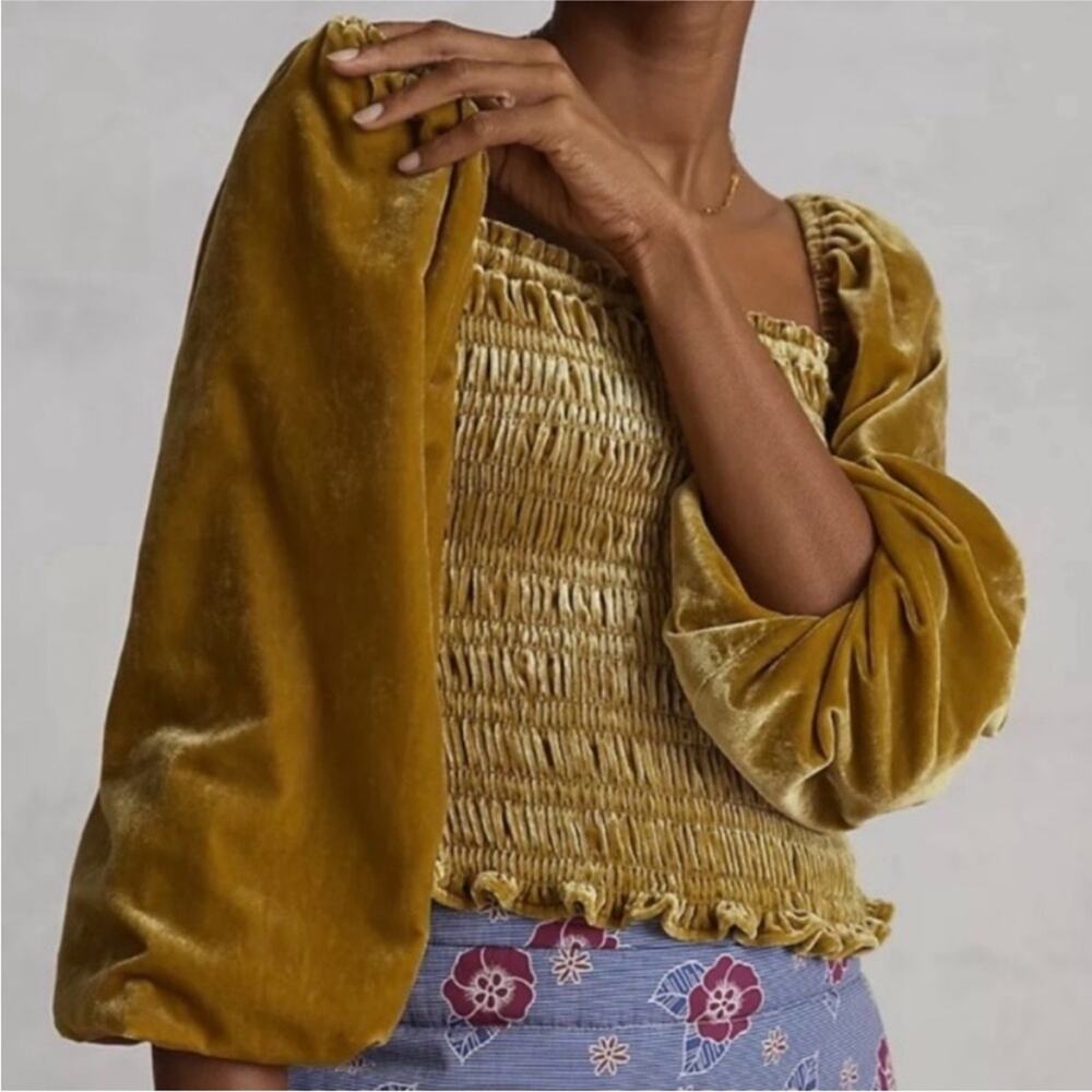 Anthropologie Puff-Sleeved Velvet Blouse Gold Size Small Smocked Boho Festival